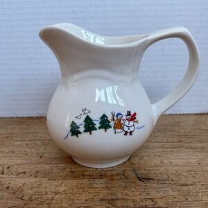 Pfaltzgraff Snow Village Creamer Pitcher White Stoneware Snowman Sledding Scene